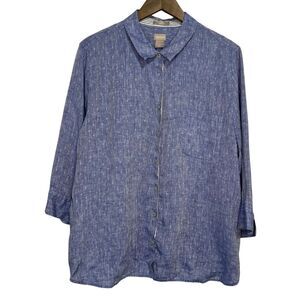 Chico’s No-Iron FreshChic Linen Tunic Blouse Top size 4 XXL Blue 3/4 Sleeve